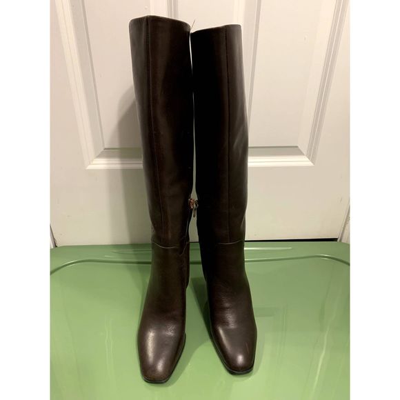 Franco Sarto Tiera High Brown Leather Boots Gold Faceted Heel Size 7 NWOT - Picture 2 of 8